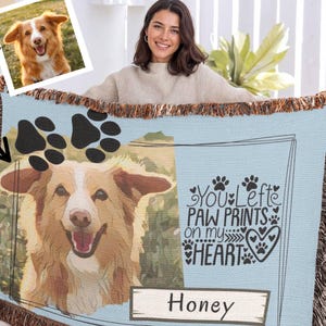 Custom Pet Memorial Blanket – You Left Paw Prints on My Heart – Cartoon Pet Portrait – Dog or Cat Loss Gift – Pet Remembrance Throw