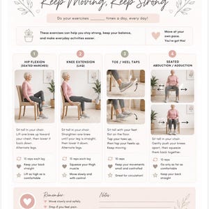 Pode incluir: Uma folha de programa de exercícios em casa intitulada Keep Moving, Keep Strong. Apresenta quatro exercícios sentados: flexão de quadril, extensão de joelho, toques de ponta/calcanhar e abdução/adução sentada, com instruções e dicas.