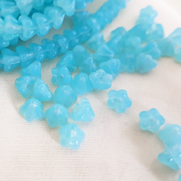 DAINTY AQUAMARINE BELLFLOWERS Glass Beads, 6x4mm Really Beautiful and Cute Bell Flower Czech Bead, Pretty Sky Blue Cyan Glass Beads, 10pcs