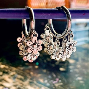 Mini silver hoop earrings with boho chic flower tassels - small stainless steel hanging hoops