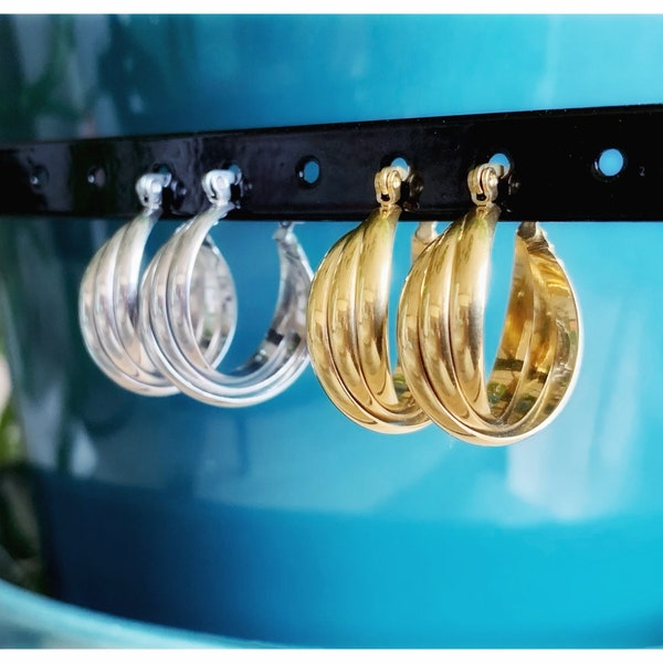 Chunky triple hoop hoops - gold or silver stainless steel buckles - Retro Huggies