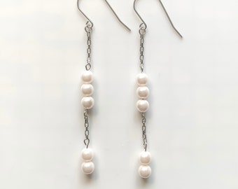 Silver dangling chain earrings and cultured pearls - fine, minimalist, feminine earrings - stainless steel