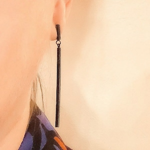 Long black dangling post earrings minimalist black bars image 1
