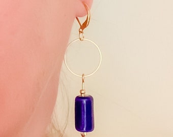Art deco style dangling earrings - blue ceramic tube beads, gold stainless steel - minimalist retro jewelry -