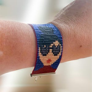 Handwoven women&#39;s cuff bracelet - pop art portrait in Miyuki seed beads - colorful handmade jewelry - gold or silver finishes -