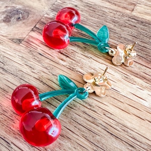 Red cherry earrings - spring jewelry - retro-style accessory - image 3
