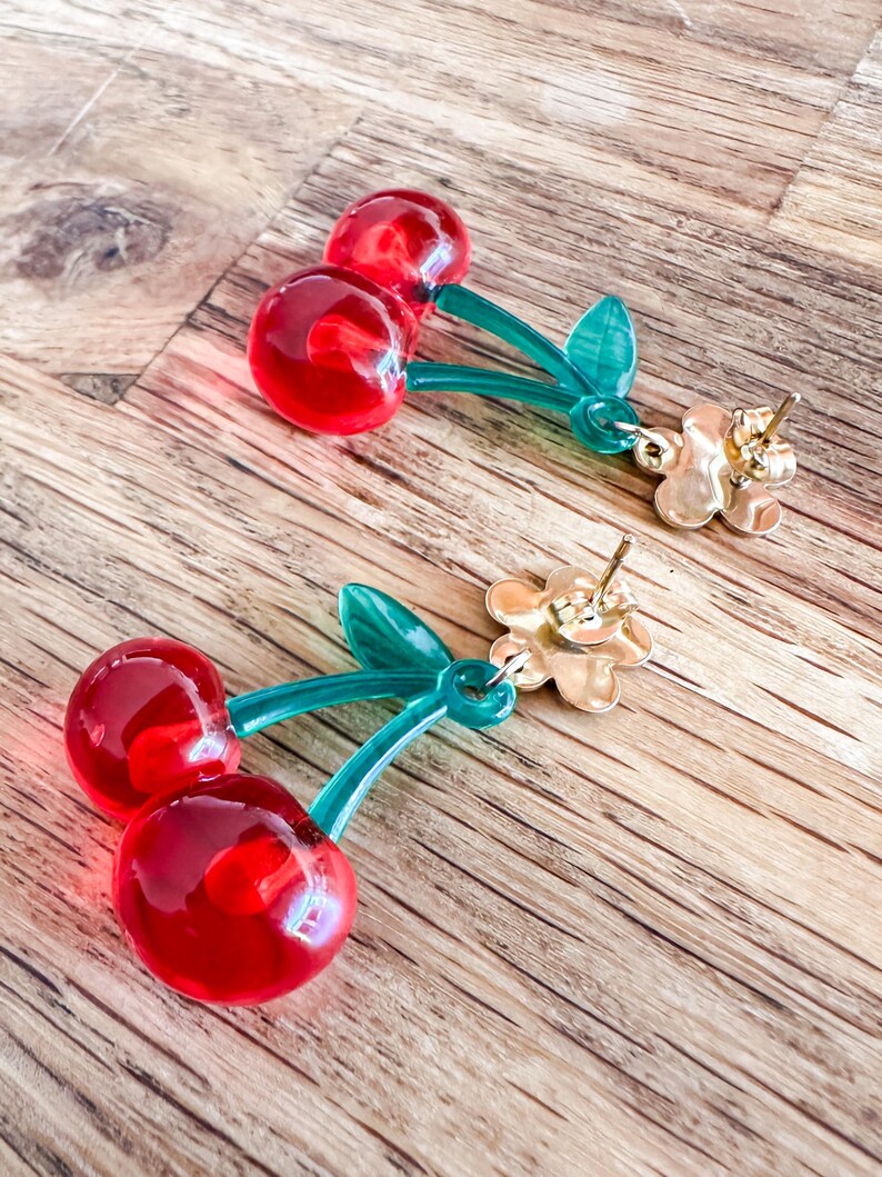 Red cherry earrings - spring jewelry - retro-style accessory - image 3
