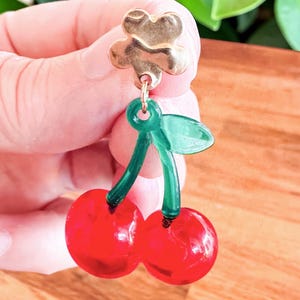 Red cherry earrings - spring jewelry - retro-style accessory - image 2