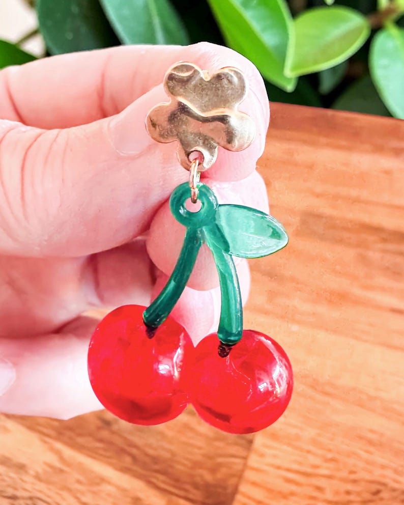Red cherry earrings - spring jewelry - retro-style accessory - image 2