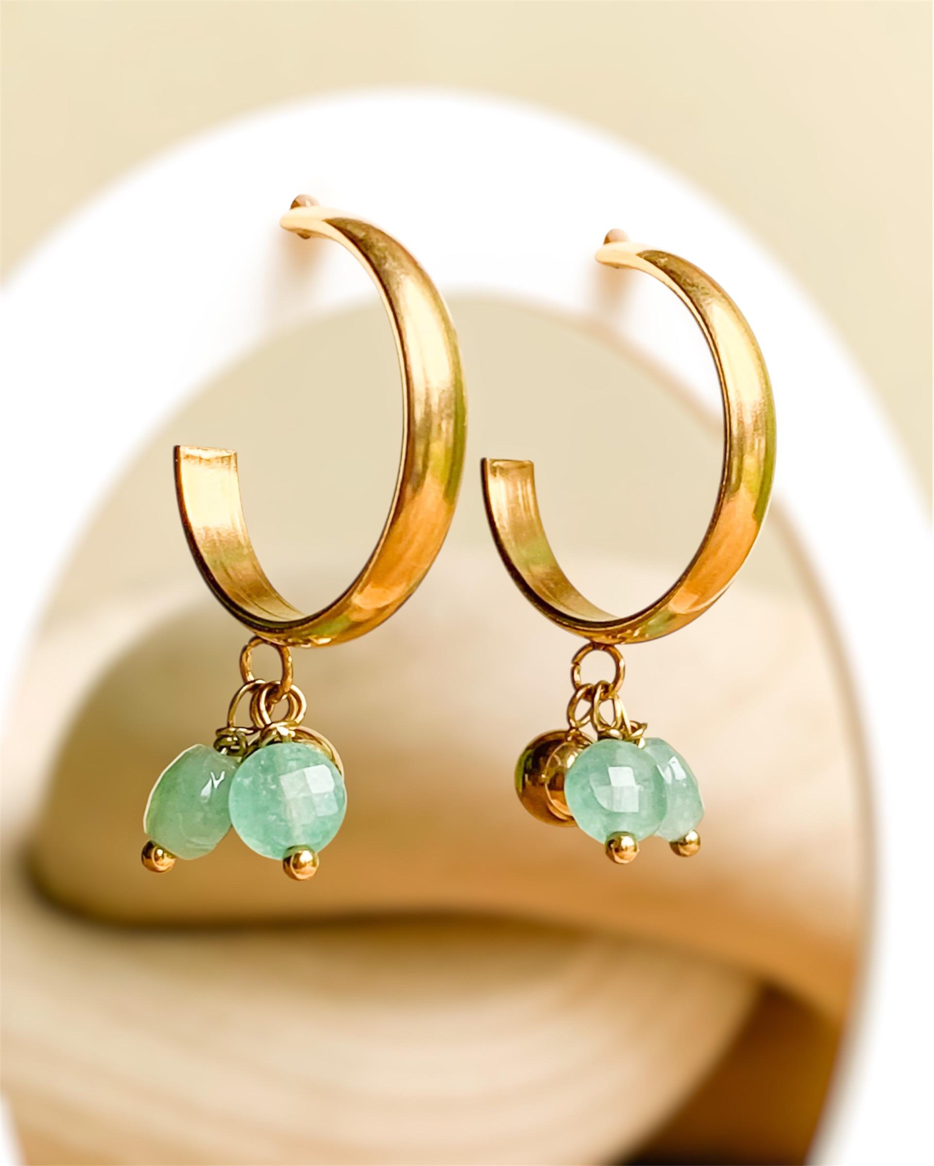 Gold hoop earrings with sea green (aventurine) beads – Chic stainless steel dangle earrings – Minimalist and fresh jewelry