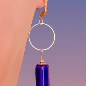 Art Deco Style Drop Earrings - Blue Ceramic Tube Beads, Gold Stainless Steel - Minimalist Retro Jewelry -