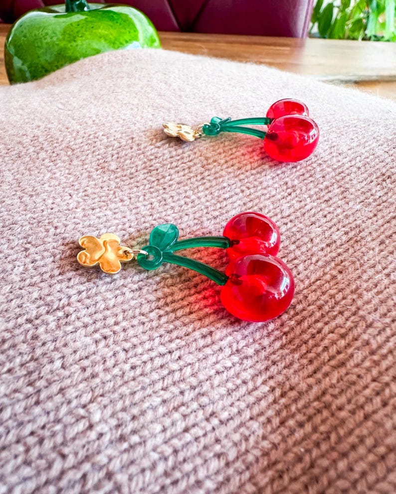 Red cherry earrings - spring jewelry - retro-style accessory - image 6