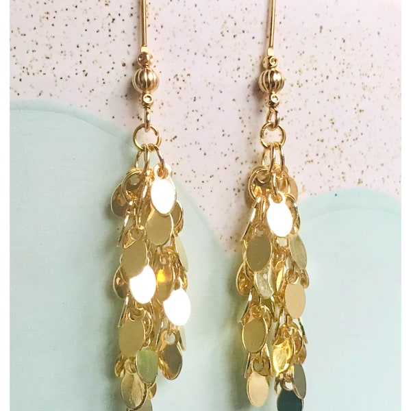 Tassel chain earrings - sequin earrings - fine gold gold earrings - festive earrings
