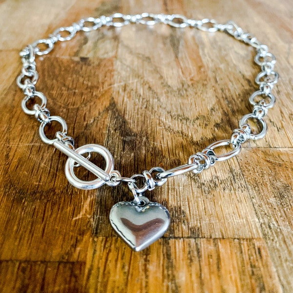 Collier chaîne argent avec pendentif coeur - collier grosse chaîne - maille ovale - bijou en acier inoxydable