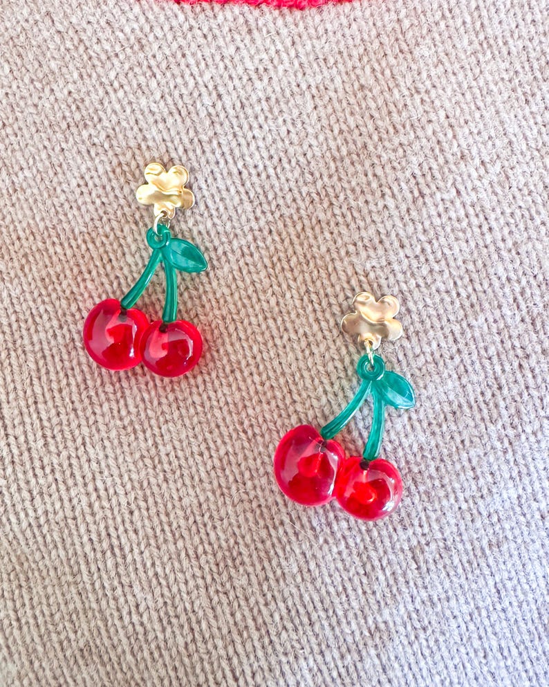 Red cherry earrings - spring jewelry - retro-style accessory - image 5