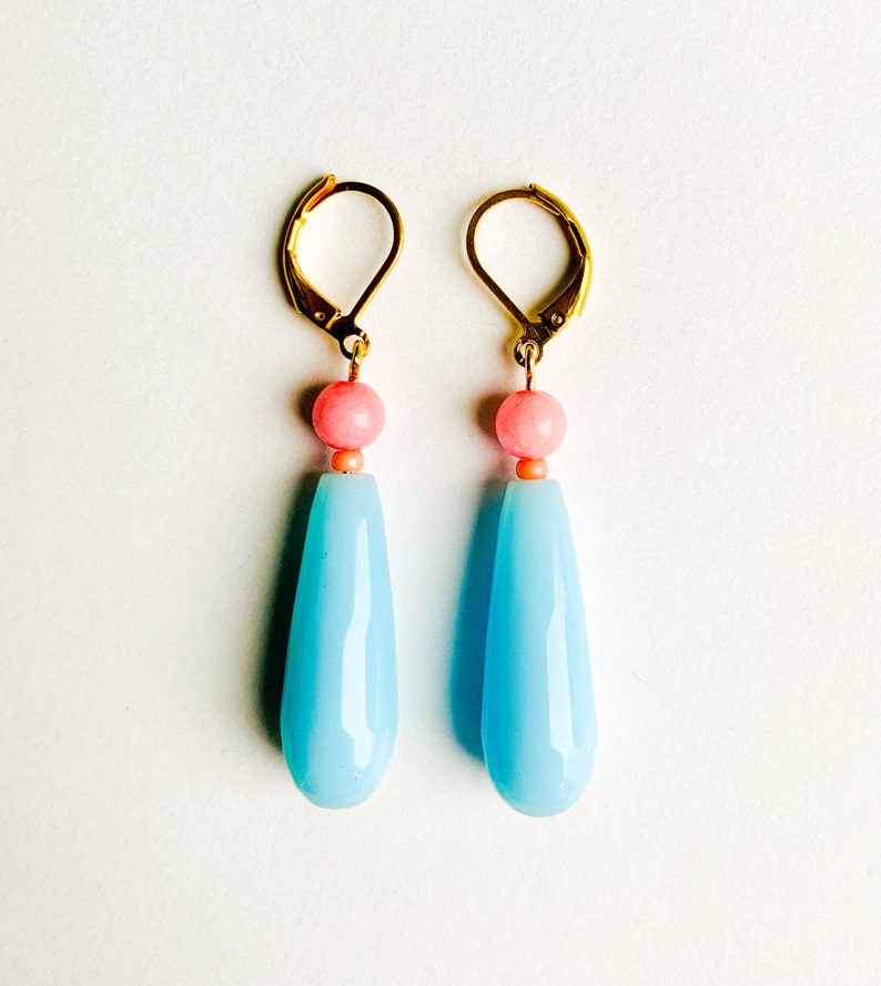 Glass drop dangling earrings vintage retro style colorful earrings handmade jewelry Blue