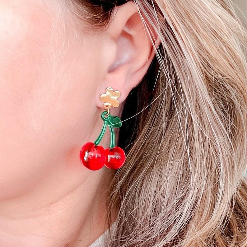 Red cherry earrings - spring jewelry - retro-style accessory - image 1