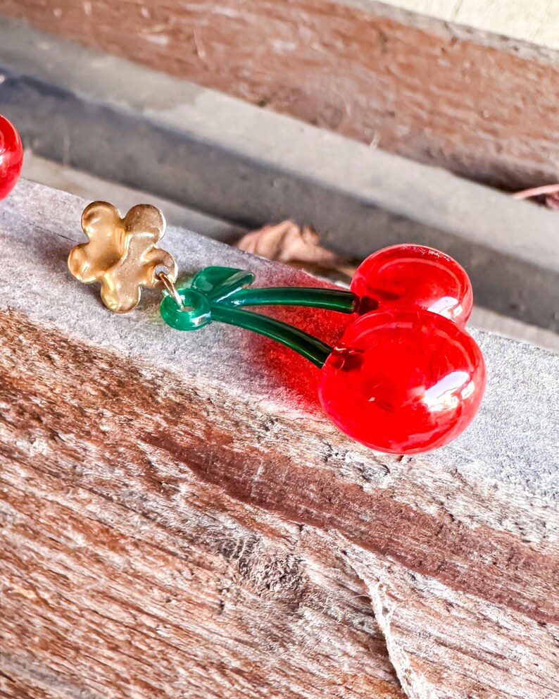 Red cherry earrings - spring jewelry - retro-style accessory - image 4