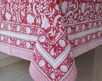 Christmas Tablecloth, Indian Block Print Tablecloth, Red Floral Table Cover, Tablecloth Napkin Set, Cotton Table Linen, Gift For New Home