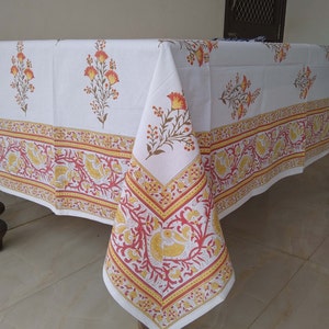 Floral Cotton Table Cover, Hand Block Print Tablecloth, Indian Table Cover, Table Linen For Sale, Rectangle Table Cloth, Mother&#39;s Day Gift