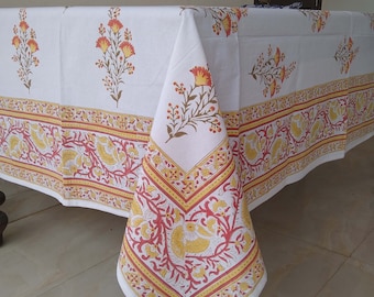 Floral Cotton Table Cover, Hand Block Print Tablecloth, Indian Table Cover, Table Linen For Sale, Rectangle Table Cloth, Mother's Day Gift