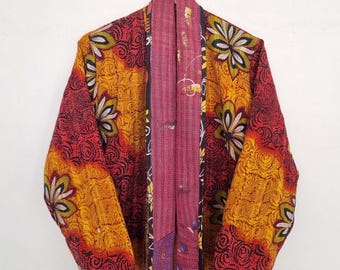 Floral Kantha Coat, Indian Vintage Quilt Jacket, Reversible Cotton Overcoat