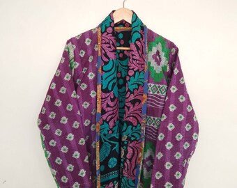 Purple Floral Kantha Jacket, Indian Kantha Fine Jacket, Kantha Overcoat, Women Kantha Jacket, Winter Wear Coat, Reversible Kantha Jacket