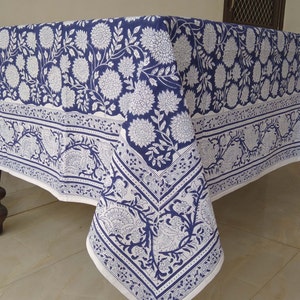 Blue Floral Table Cloth, Indian Block Print Tablecloth, Cotton Table Cover, Dinning Tablecloth, Handmade Table Linen, Party Table Cloth