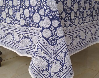 Blue Floral Table Cloth, Indian Block Print Tablecloth, Cotton Table Cover, Dinning Tablecloth, Handmade Table Linen, Party Table Cloth