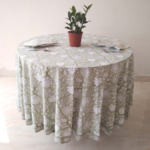 Sage Green Floral Round Table Cover, Indian Block Print Round Tablecloth, Wedding Tablecloth, Dinning Tablecloth, Rectangle Table Cloth