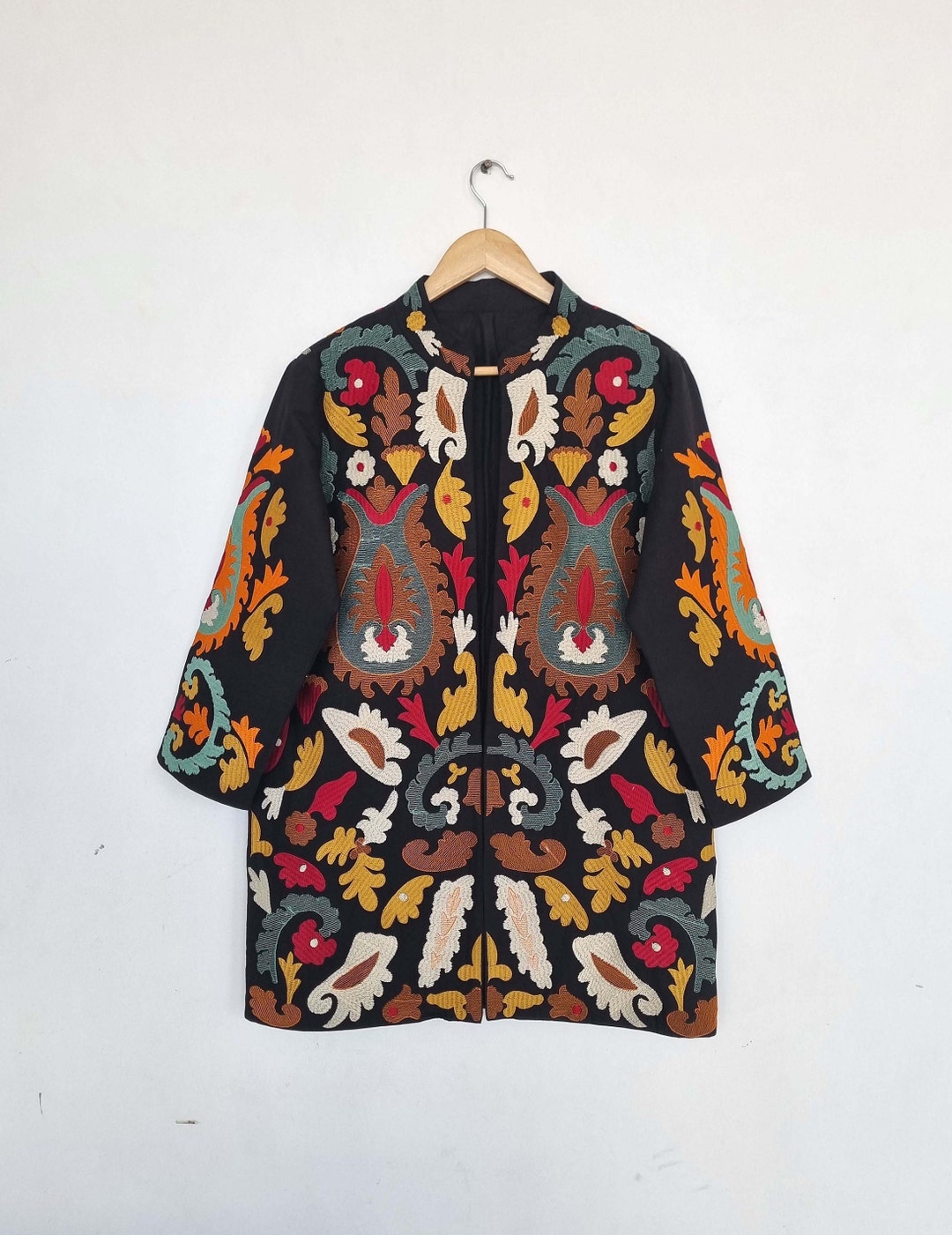 Black Embroidery Jacket, Indian Quilted Coat, Handmade Kantha Overcoat