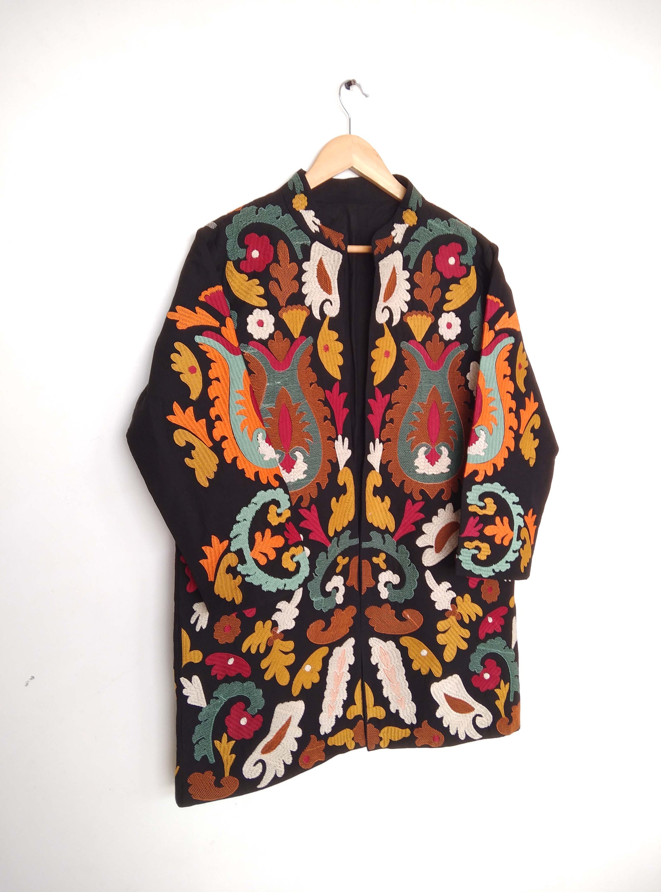 Black Embroidery Jacket, Indian Quilted Coat, Handmade Kantha Overcoat