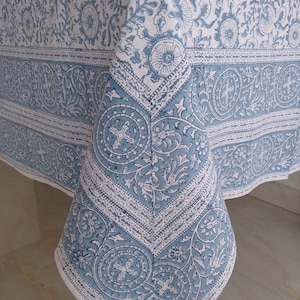 Blue Floral Tablecloth Cover, Block Print Table Cloth, Indian Table Linen, Wedding Table Cloth, Elegant Table Decor, Housewarming Gift