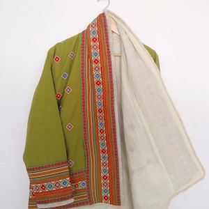 Sage Green Jacket, Hand Embroidery Jacket, Handmade Winter Coat, Women Kantha Jacket, Front Open Kantha Coat, White Fringe Kimono Jacket