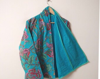 Floral Print Kantha Jacket, Indian Kantha Quilt Jacket, Handmade Jacket, Women Jacket, Winter Wear Coat, Kantha Short Jacket, Vintage Coat