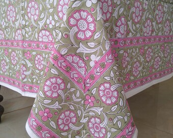 Sage Green And Flamingo Pink Table Cover, Indian Block Print Table Cloth, Handmade Table Cover, Floral Design Tablecloth, Gift For New Home