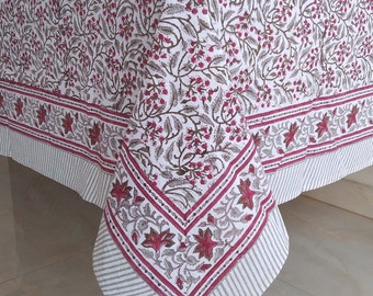 Indian Block Print Tablecloth, Red Cherry Table Cloth, Cotton Table Cover, Kitchen Table Linen, Farmhouse Tablecloth, Housewarming Gift