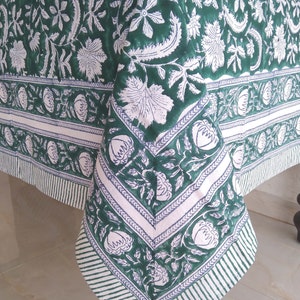 Green Floral Tablecloth, Hand Block Print Table Cloth, Indian Table Cover, Jaipur Tablecloth, Rectangle Table Cloth, Thanks Giving Table