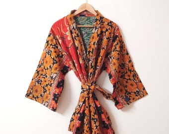 Bath Robe, 100% Cotton Indian Floral Patchwork Handmade Kantha Stitch Robe, Cotton Kimono, Reversible Kantha Kimono, Swim Wear, Night Wear