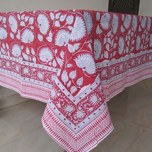 Indian Block Print Tablecloth, Red Floral Design Table Cloth, Cotton Table Cover, Kitchen Table Linen, French Tablecloth, Gift For Mom