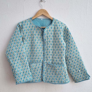 Indian Hand Block Print Quilted Jacket, Handmade Cotton Kantha Coat, Short Jacket, Women Winter Coat, Front Open Coat, Gift For Mom