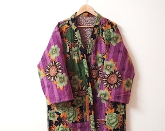 Floral Design Kantha Kimono, Vintage Kantha Quilt Robe, Patchwork Kantha Kimono, Cotton Bathrob, Women Winter Kimono, Printed Kimono Robe