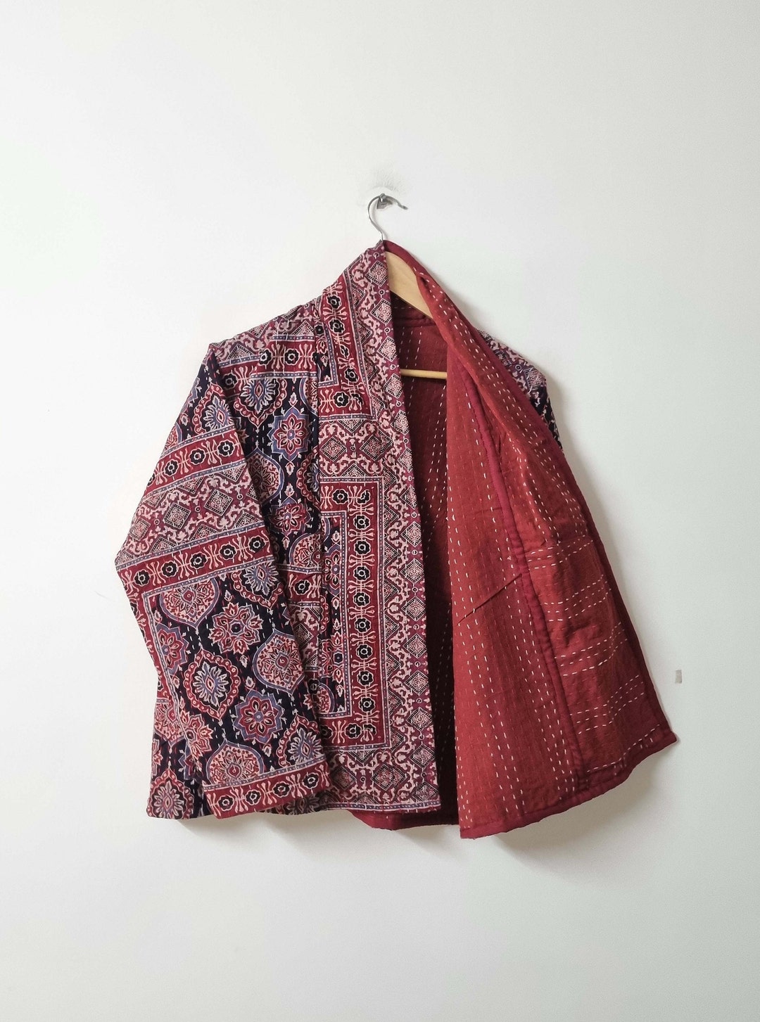 Red Ajrakh Kantha Jacket Indian Cotton Kantha Coat Handmade - Etsy