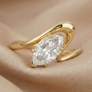 1.5CT Marquise Moissanite Ring, 14k Yellow Gold Wave Engagement Ring