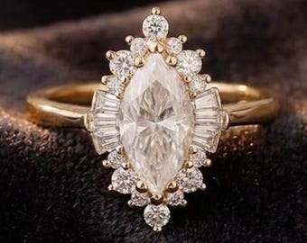 2 CT Marquise Moissanite Ring | Vintage Halo Engagement Ring | Art Deco Floral Cluster Bridal Ring | Marquise Solitaire | Gift for Her