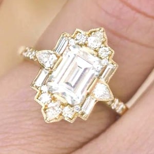 Art Deco Emerald Cut Moissanite Ring: Vintage 14K Gold Starburst Bridal Ring
