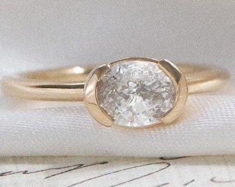 Oval Moissanite Solitaire Ring: 1.5CT Gold Half Bezel Engagement Band