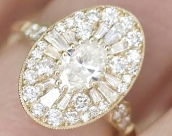 Oval Moissanite Engagement Ring: 14K Yellow Gold Ballerina Halo, Vintage Promise Ring