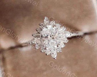 Art Deco Moissanite Engagement Ring: Oval Sunburst Halo, Vintage Bridal Jewelry
