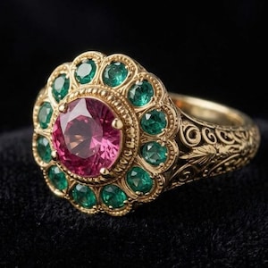 Peut inclure: Une bague en or ornée d'une pierre rose centrale entourée d'émeraudes vertes. La monture est ornée de motifs floraux et d'un bord festonné. La bague est présentée sur un fond noir. Le design est complexe et détaillé.